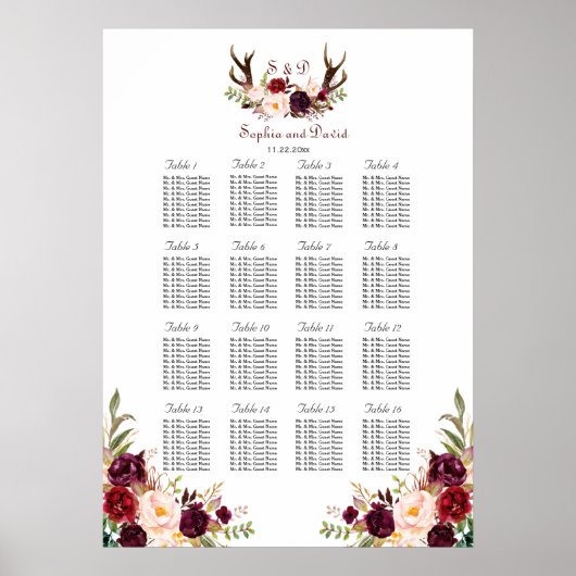 Poster Burgundy Marsala Floral Antlers (Devant)