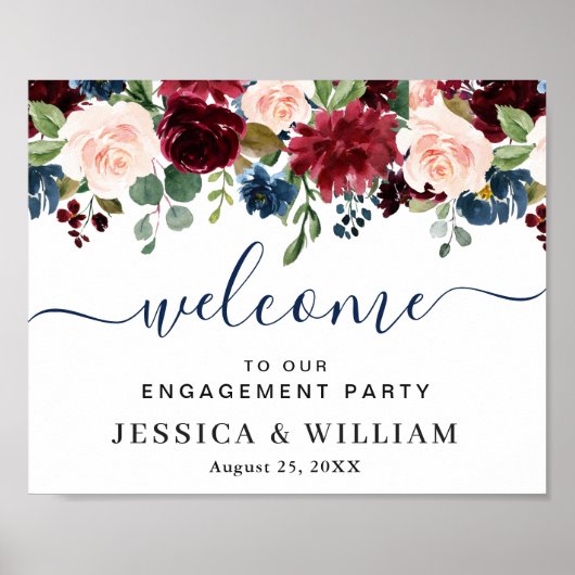 Poster Burgundy Navy Blue Blush ENGAGEMENT PARTI Bienvenu (Devant)