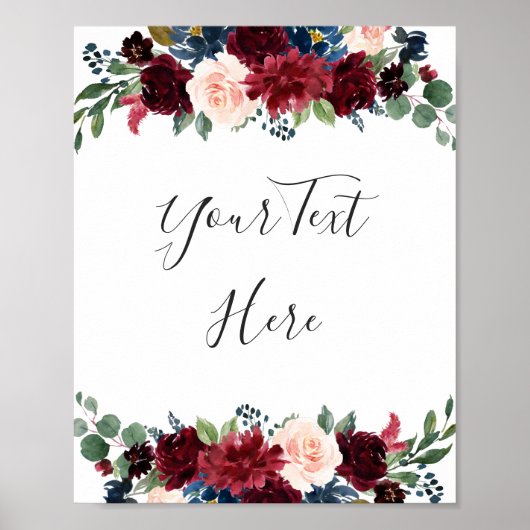 Poster Burgundy Navy Blush Floral Aquarelle personnalisée (Devant)