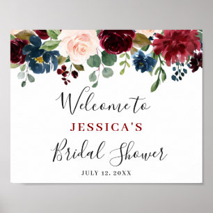Poster Burgundy Navy Blush Floral BRIDAL SHOWER Welcome