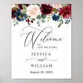 Poster Burgundy Navy Blush Floral Mariage Bienvenue (Devant)