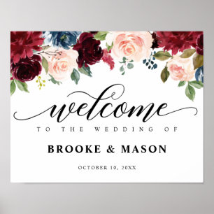 Poster Burgundy Navy Floral Rustic Boho Mariage Bienvenue