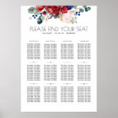 Poster Burgundy Navy Flowers Boho Mariage Seating Chart (Devant)
