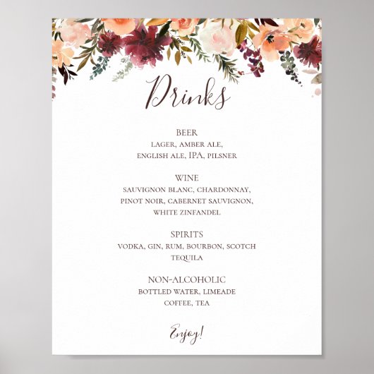 Poster Burgundy Orange Floral Mariage Boissons Menu Signe (Devant)