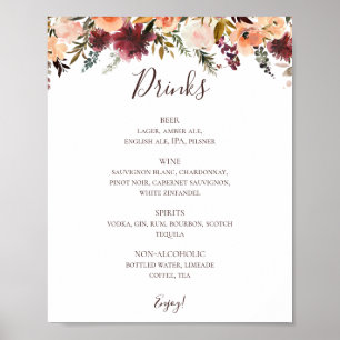 Poster Burgundy Orange Floral Wedding Drinks Menu Sign