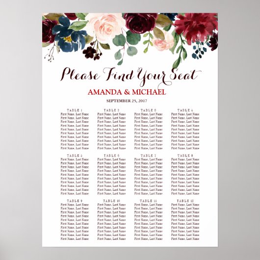Poster Burgundy Red Navy Floral Rustic Boho Seating Chart (Devant)