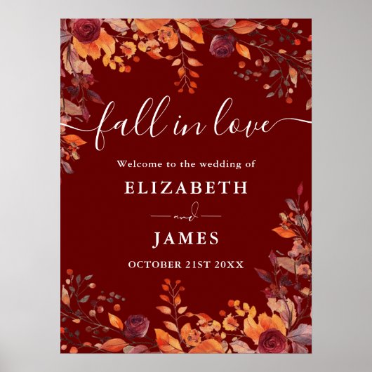 Poster Burgundy Rustic Fall In Love Wedding Welcome Sign (Devant)