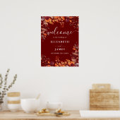 Poster Burgundy Rustic Floral Fall Wedding Welcome Sign (Cuisine)