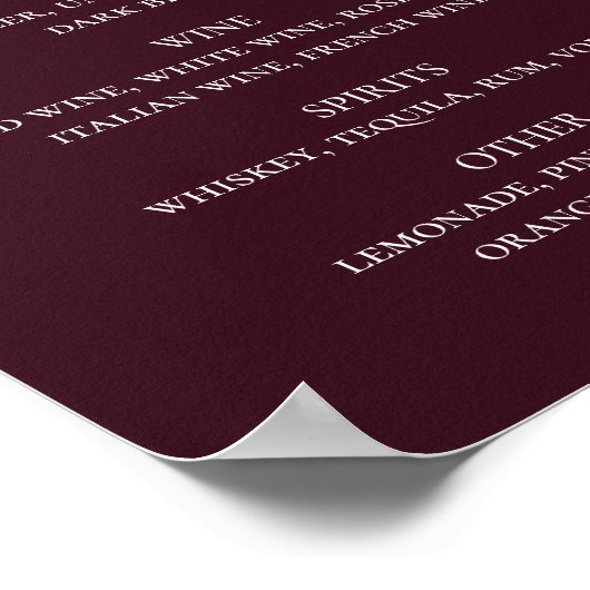 Poster Burgundy script simple mariage boissons menu bar (Coin)