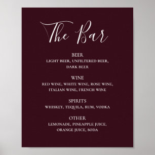 Poster Burgundy script simple mariage boissons menu bar