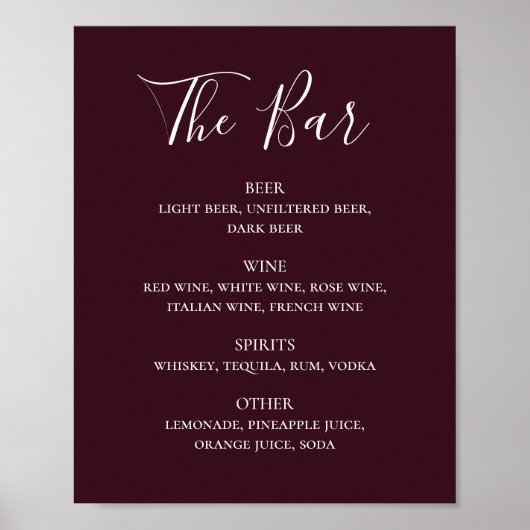Poster Burgundy script simple mariage boissons menu bar (Devant)