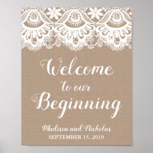 Poster Burlap et dentelle Bienvenue à notre panneau de dé