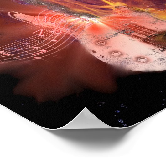 Poster Burning Guitare et notes musicales (Coin)