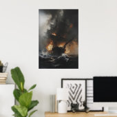Poster Burning Pirate Ship in Stormy Ocean Gothic Nautica (Bureau à domicile)