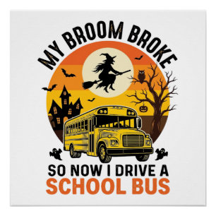 Poster Bus Scolaire Sorcière Halloween Design Vintage Ens