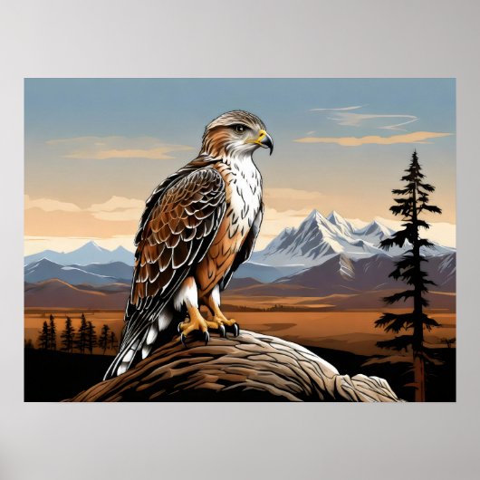 Poster Buse rouilleuse perchée dans la roche (Devant)