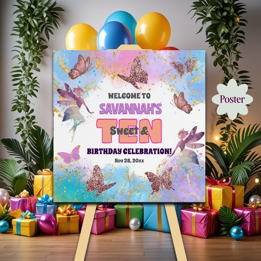 Poster Butterflies Fairy Glitter 10th Birthday Welcome