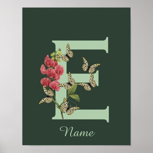 Poster Butterflies Flower Monogram Initial E Personalized (Devant)