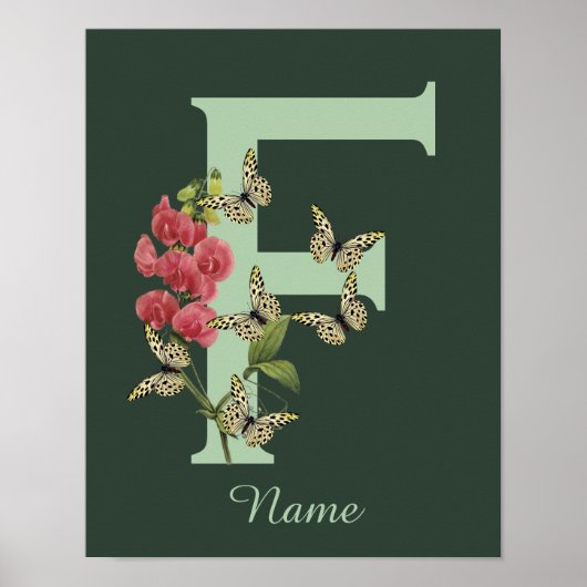 Poster Butterflies Flower Monogram Initial F Personalized (Devant)