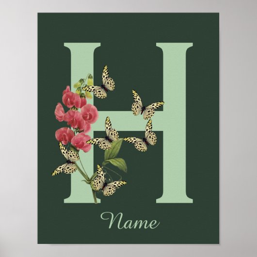 Poster Butterflies Flower Monogram Initial H Personalized (Devant)