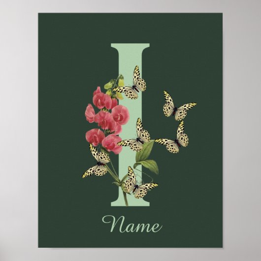 Poster Butterflies Flower Monogram Initial I Personalized (Devant)