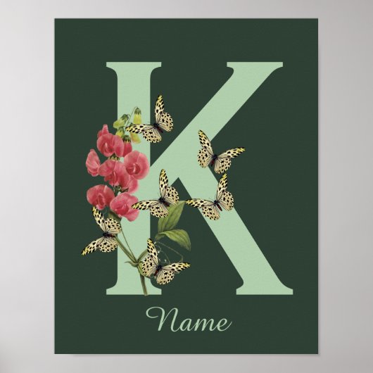 Poster Butterflies Flower Monogram Initial K Personalized (Devant)