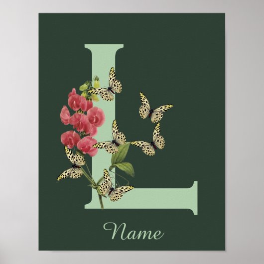 Poster Butterflies Flower Monogram Initial L Personalized (Devant)