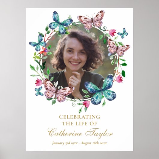 Poster Butterflies Photo Funeral Celebration Of Life Sign (Devant)