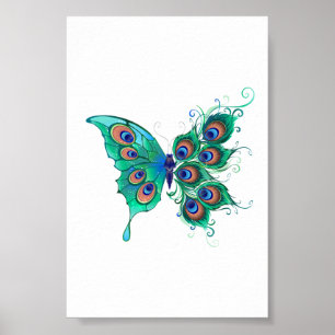 Poster Butterfly with Green Peacock Feathers