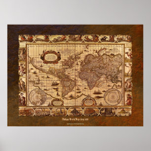 Poster c1499 Antique World Map Art w Organic Border