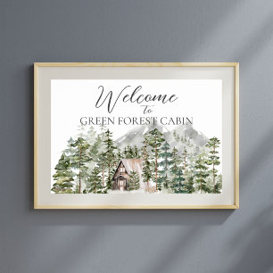 Poster Cabane aquarelle dans la forêt de pins verts Bienv