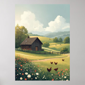 Poster Cabane de campagne rustique avec fleurs sauvages