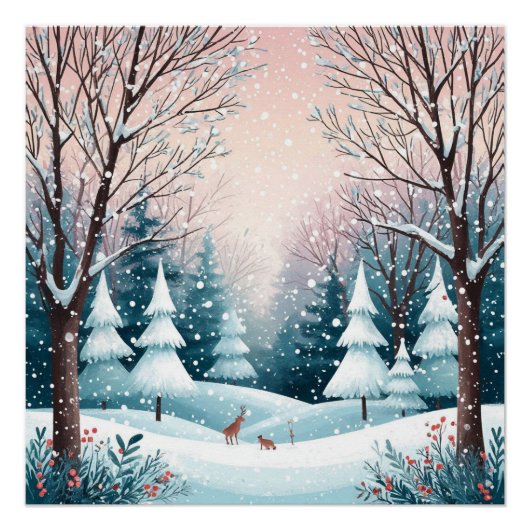 Poster Cabane de Noël enneigée avec arbre lumineux (Devant)