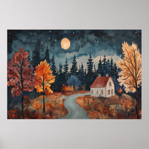 Poster Cabane de Nuit Automnale Cosy Aquarelle Art d'Auto