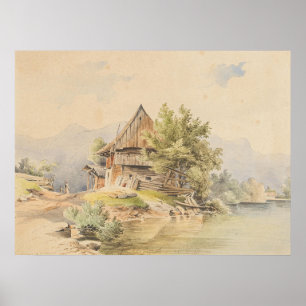 Poster Cabane en bois au bord du lac – Carl Lafite