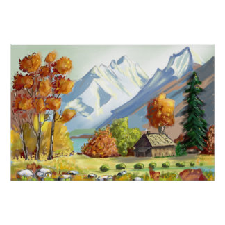 Poster Cabane en montagne couleurs d'automne. peinture.