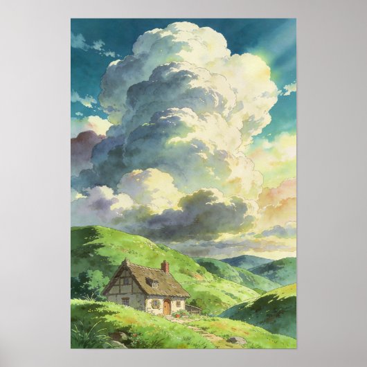 Poster Cabane Refuge Rustique Sous les Nuages d'Été (Devant)