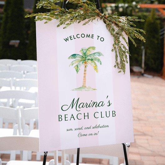 Poster Cabane rose pâle Stripes Palm Beach Club Bienvenue