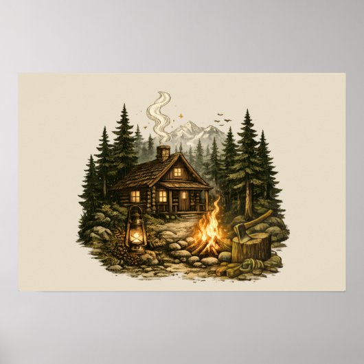 Poster Cabane Rustique en Forêt avec Feu de Camp (Devant)