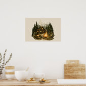 Poster Cabane Rustique en Forêt avec Feu de Camp (Cuisine)