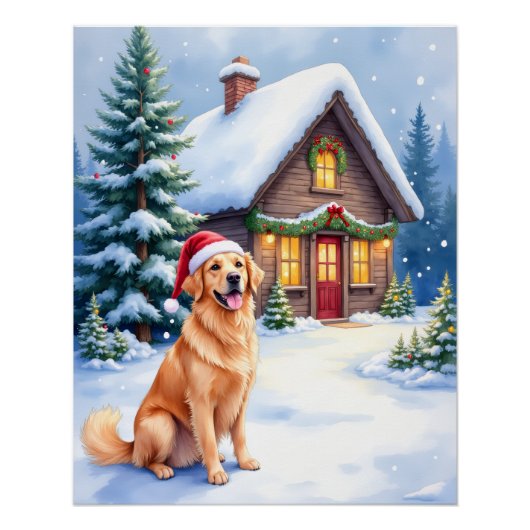 Poster Cabanon Rustique Retriever doré Chapeau de Noël No (Devant)