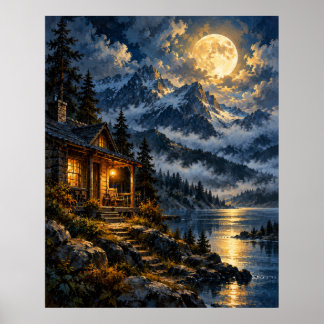 Poster Cabine Alpine au Clair de Lune - Lac de la Lune Do