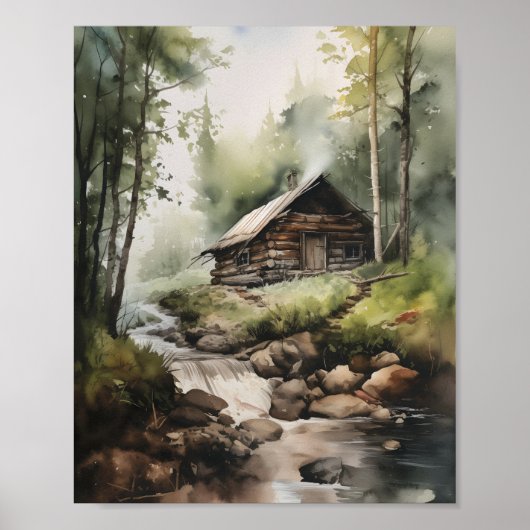 Poster Cabine Dans Les Bois Avec Le Flux D'Eau (Devant)
