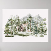 Poster Cabine d'aquarelle dans la forêt de pins verts (Devant)