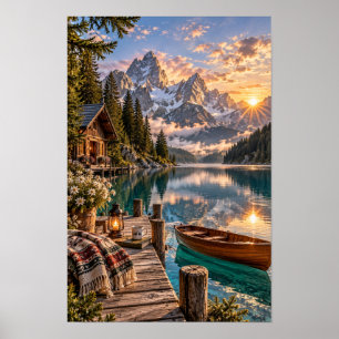 Poster Cabine de lac alpin lever de soleil montagne art m