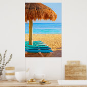 Poster Cabine D'Herbe Et Transats Sur La Plage (Cuisine)