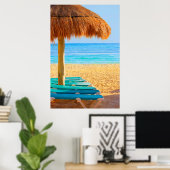 Poster Cabine D'Herbe Et Transats Sur La Plage (Bureau à domicile)
