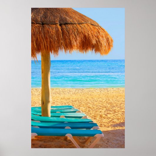 Poster Cabine D'Herbe Et Transats Sur La Plage (Devant)