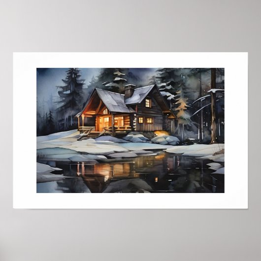 Poster Cabine d'hiver cosy de nuit (Devant)