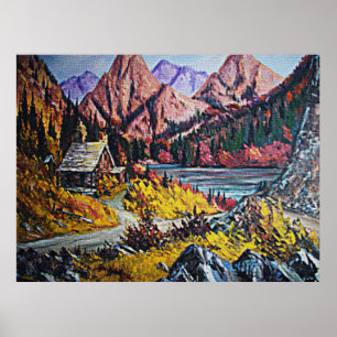 Poster Cabine par l'affiche de peinture à l'huile du lac